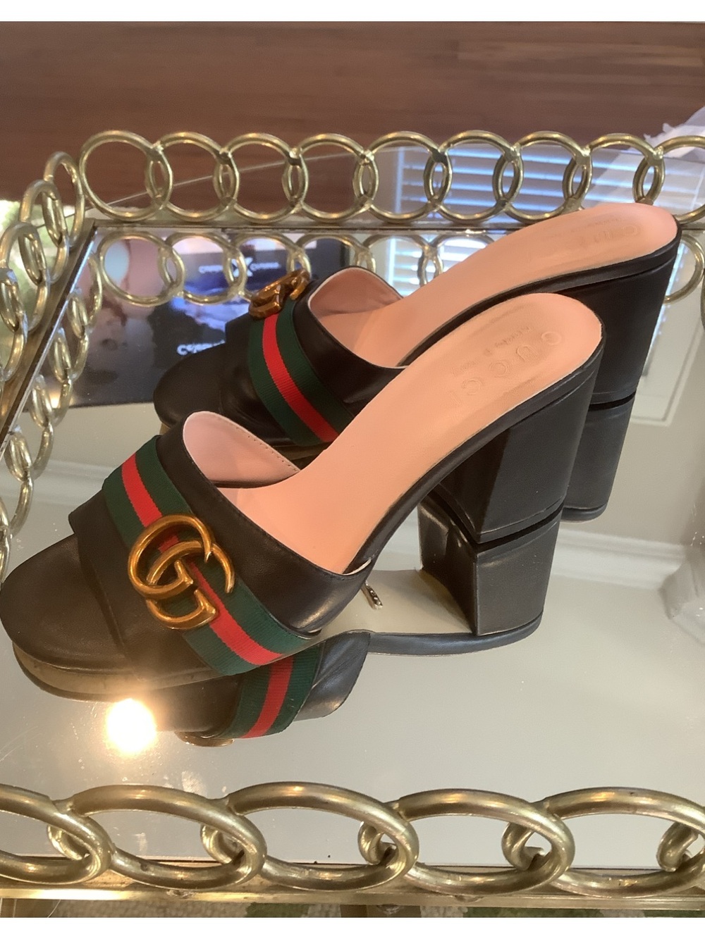 Authentic Gucci Web Block Heel Slide Sandal Mid-Heel Mule Green-Red Web Gold 37